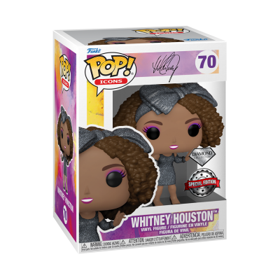Funko Pop! Whitney Houston nº 70 com cabelo encaracolado e vestido prateado na caixa