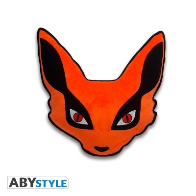 Almofada formato raposa laranja e preto com olhos vermelhos