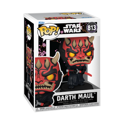 Figura Funko Pop Star Wars Darth Maul vermelho e preto com espada na caixa