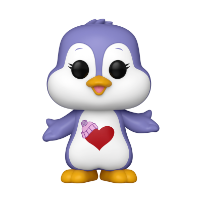 Figura de pinguim roxo com coração e gorro na barriga