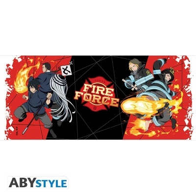 Arte colorida do anime Fire Force com quatro personagens em ação e texto FIRE FORCE ao centro