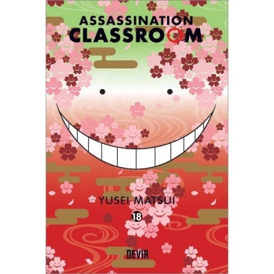 Capa do livro Assassination Classroom volume 18 com rosto sorridente e flores de cerejeira.