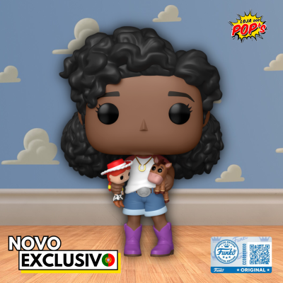 Funko Pop personagem com cabelo black curly e botas roxas segurando bonecos Woody e Bullseye.