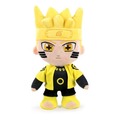 Pelúcia do personagem Naruto com roupa amarela e preta e cabelo amarelo estilizado