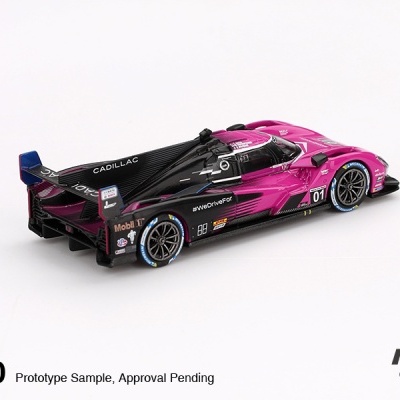 miniatura de carro de corrida rosa e preto com texto CADILLAC e #WeDriveFor