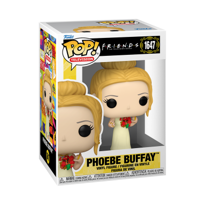 Figura Funko Pop Phoebe Buffay da série FRIENDS de vestido branco com flores, dentro da caixa.