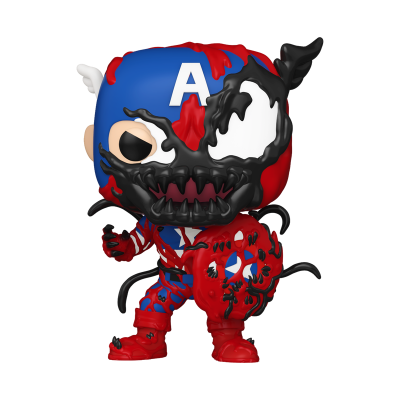Figura Funko Pop do Capitão América com fusão de Venom, cores vermelho, azul, branco e preto.