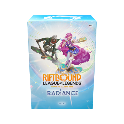 Caixa do jogo RIFTBOUND LEAGUE OF LEGENDS TRADING CARD GAME RADIANCE com duas personagens ilustradas