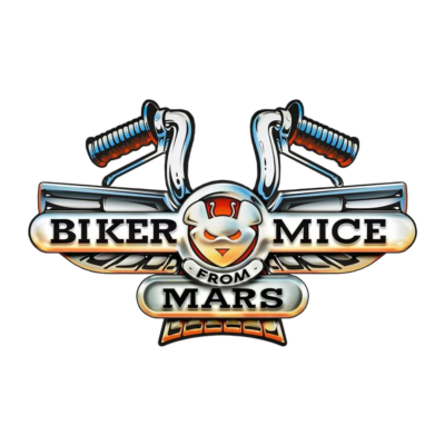 Logótipo BIKER MICE FROM MARS com guiadores e rosto de rato estilizado