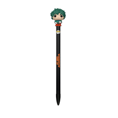 Caneta preta com personagem de cabelo verde e texto MY HERO ACADEMIA