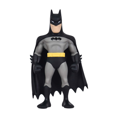 Figura de ação do Batman com capa preta e terno cinza em fundo branco