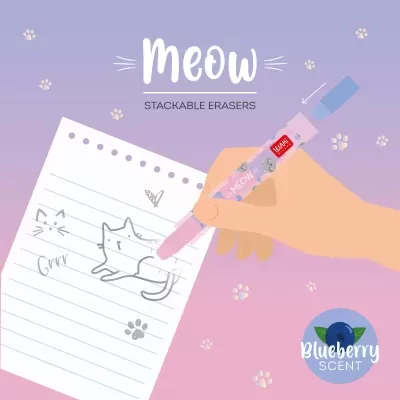 Mão a usar borracha cor de rosa com gatos e texto MEOW a apagar desenho de gato em papel.
