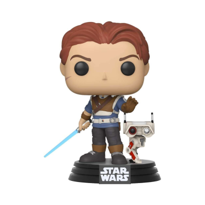 Funko Pop de personagem Star Wars com sabre de luz e robô