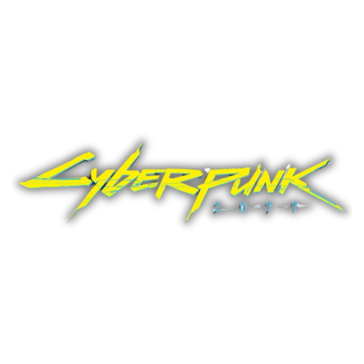 Logotipo do videojogo Cyberpunk 2077 amarelo e azul sobre fundo branco