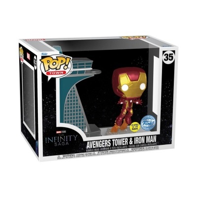 Figura Funko Pop! Iron Man e Avengers Tower na caixa com janela transparente