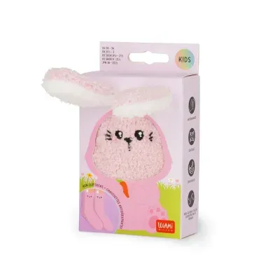 Caixa de meias antideslizantes rosa para crianças com cara de coelho e orelhas na embalagem.