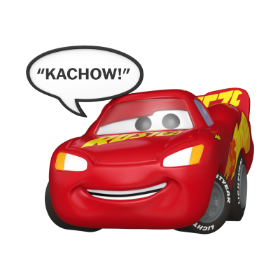 Carro animado vermelho com olhos e sorriso, texto RUSTEZE e balão de fala KACHOW