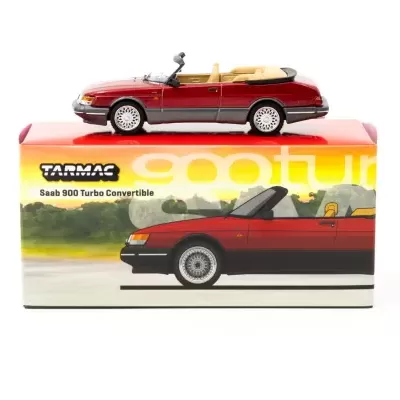 Miniatura de carro conversível Saab 900 Turbo vermelho sobre caixa com imagem e texto