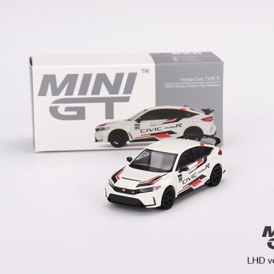 Miniatura de carro Honda Civic TYPE R branco com detalhes vermelhos e pretos, caixa com texto MINI GT