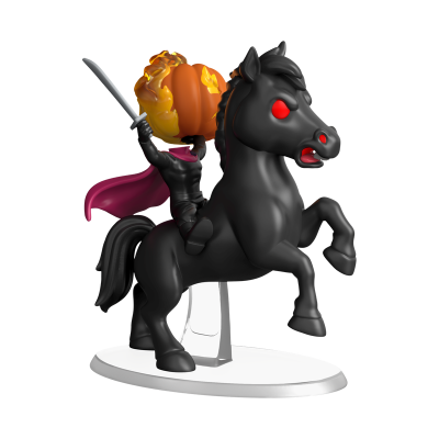 Figura decorativa de cavalo preto com cavaleiro de abóbora em chamas