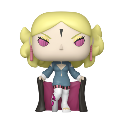 Figura Funko Pop com cabelo loiro, vestido azul e capa preta com forro cor de rosa