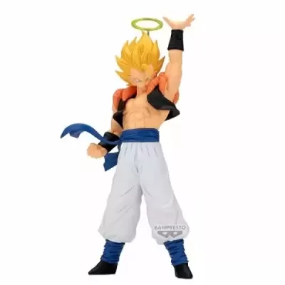 Figura colecionável Dragon Ball com cabelo amarelo e halo verde, vestindo colete preto e calças brancas.
