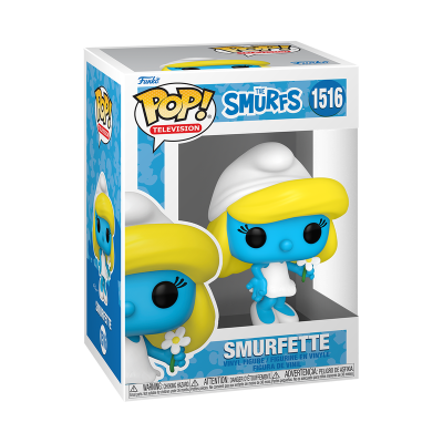 Figura Funko Pop! Smurfette azul com cabelo amarelo e roupa branca numa caixa com texto da série e número.