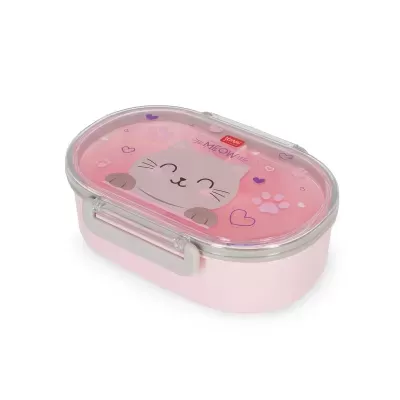 Caixa de plástico rosa para armazenamento com tampa transparente e desenho de gato