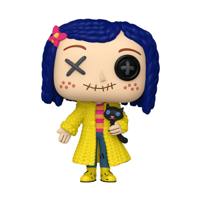 Boneco colecionável da personagem Coraline com casaco amarelo e gato preto