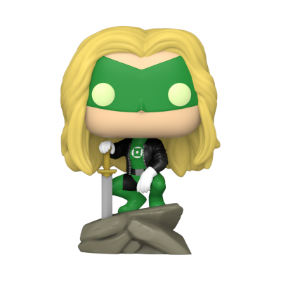 Figura Funko Pop super-herói com máscara verde, cabelo loiro, fato verde e espada