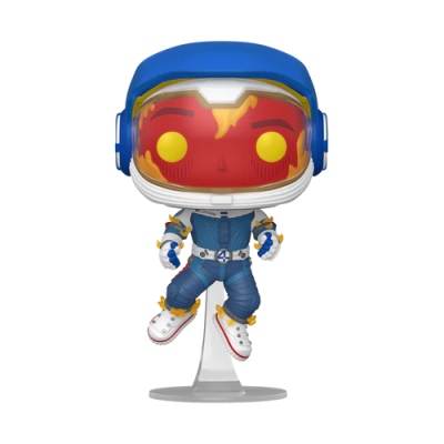 Figura vinil Funko Pop com capacete azul, máscara vermelha e fato azul
