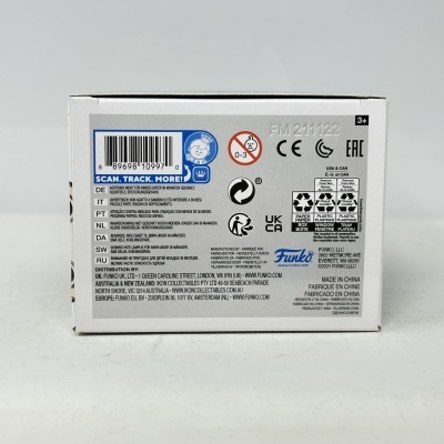 Embalagem branca com texto multilingue e código de barras da marca Funko