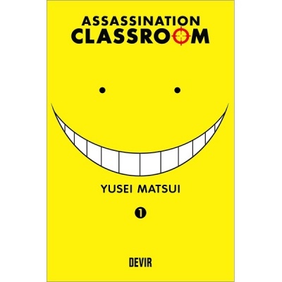 Capa amarela de livro com rosto sorridente e texto Assassination Classroom
