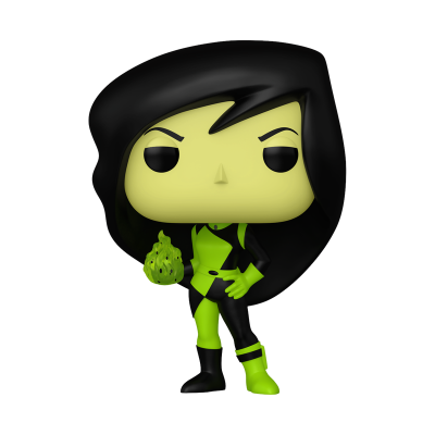 Figura de vinil de personagem com pele verde, cabelo preto, roupa preta e verde, segurando chama verde