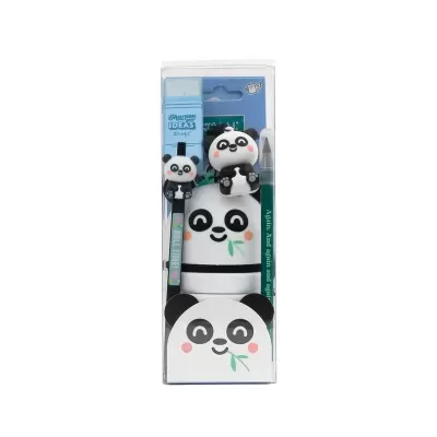 Conjunto de material escolar panda com apagador, caneta, apontador e borracha