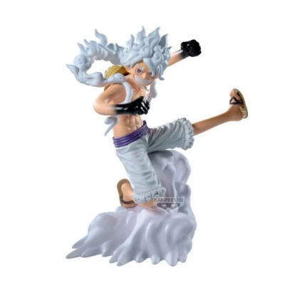 Figura de ação de personagem masculino com cabelo branco em nuvem branca, calças brancas e cinto roxo