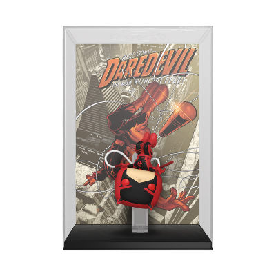 Figura colecionável Daredevil vermelho e preto em embalagem plástica transparente com fundo de banda desenhada