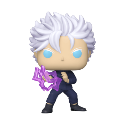 Figura Funko Pop com cabelo branco e roupa azul escuro segurando objeto roxo