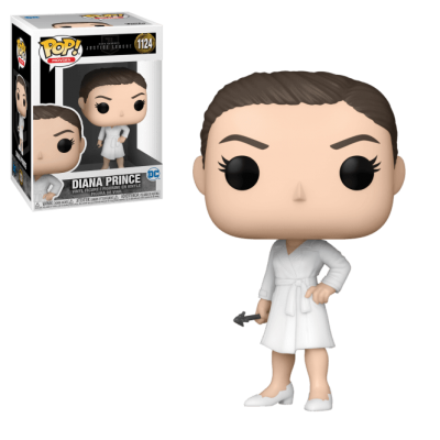 Figura Funko Pop! Diana Prince com vestido branco e embalagem ao lado