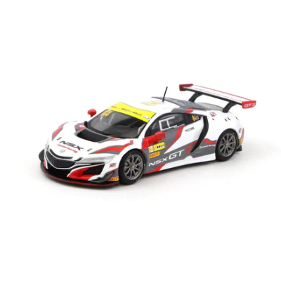 Miniatura de carro de corrida NSX GT branco com detalhes vermelhos e pretos.