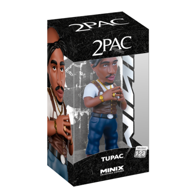 Boneco estilo cartoon de Tupac em caixa preta com texto 2PAC e MINIX