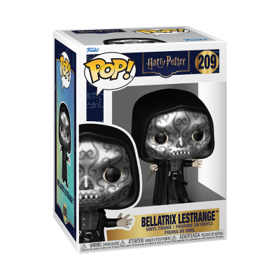 Figura Pop! Bellatrix Lestrange com máscara prateada e vestido preto em caixa