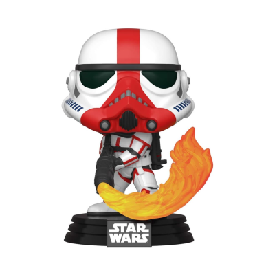 Estatueta Funko Pop personagem Star Wars com capacete branco e vermelho e chama laranja