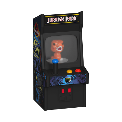 mini máquina arcade preta Jurassic Park com joystick e botões coloridos