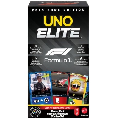 Caixa do jogo UNO ELITE edição 2025 com tema Formula 1 e cartas destacadas