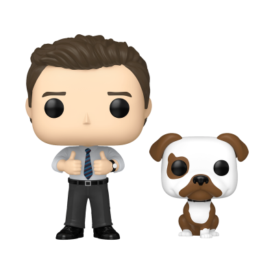 Bonecos Funko Pop de homem com camisa azul clara e cão castanho e branco