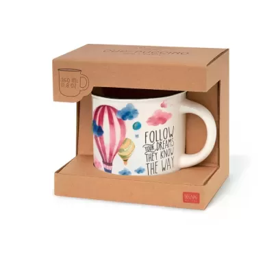 Caneca decorativa com balões e texto em caixa de cartão