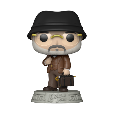 Figura Funko Pop com chapéu preto, óculos amarelos, e fato castanho