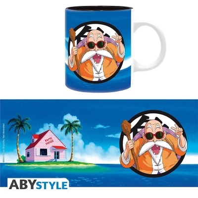 Caneca branca com personagem idoso e casa KAME HOUSE em fundo azul