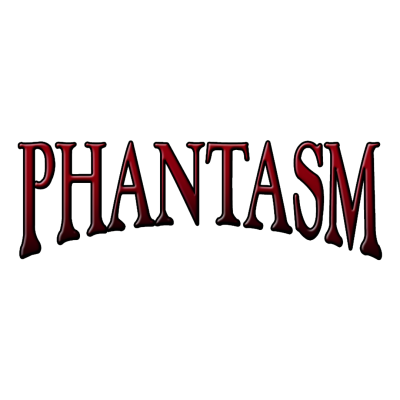 Texto PHANTASM em letras vermelhas escuras com sombra preta